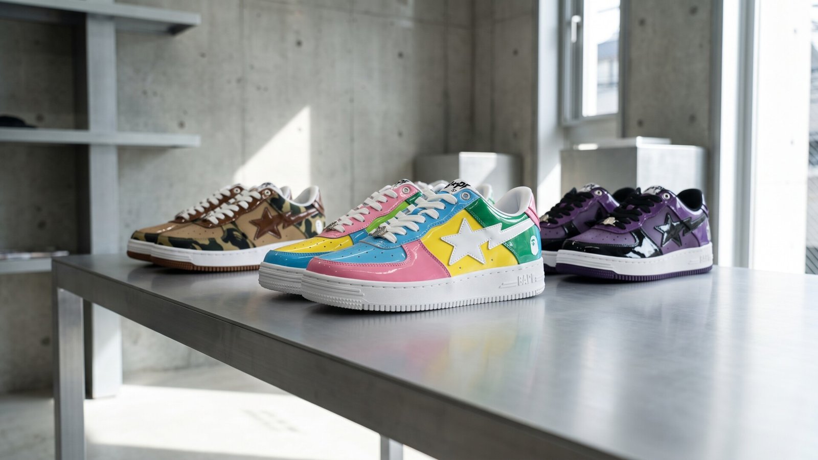Colorful patent leather and camouflage Bapesta sneakers lined up on a metal display table