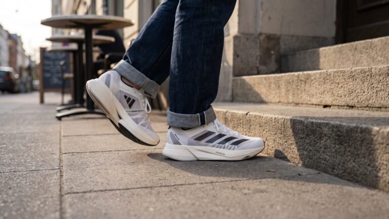 Person wearing white Adidas Adizero EVO SL running shoes with cuffed blue jeans on an urban sidewalk
