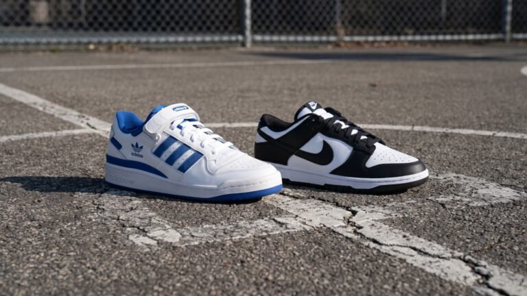 Adidas Forum Low in blue and white beside a Nike Dunk Low Panda sneaker on an outdoor asphalt court
