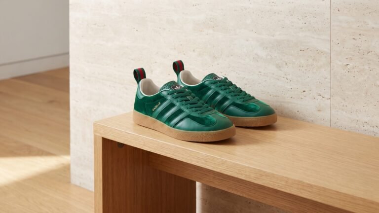 Green velvet Adidas x Gucci Gazelle sneakers displayed on a light wooden bench
