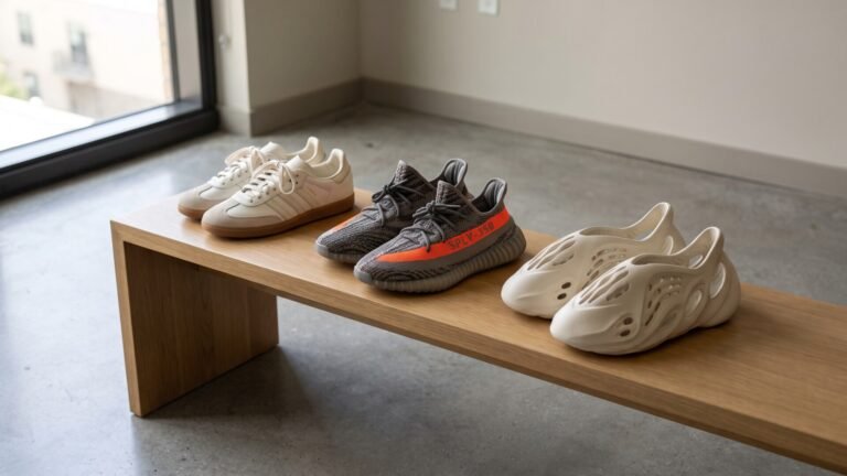 Adidas Samba, Yeezy 350 Beluga, and Yeezy Foam Runner sneakers displayed on a wooden bench