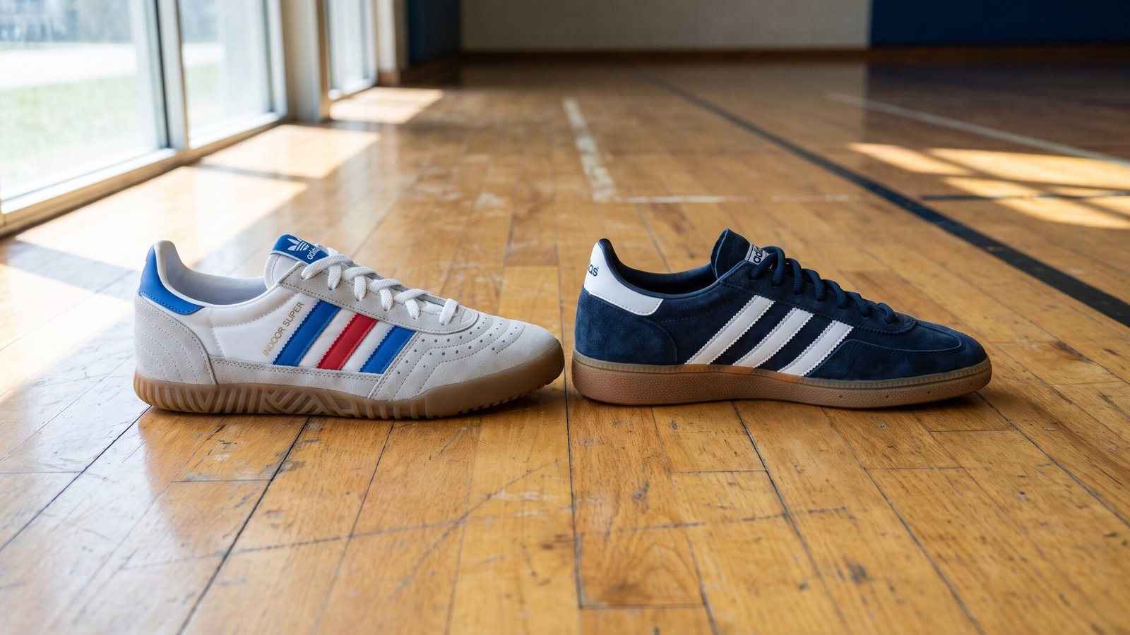 Adidas Indoor Super and navy Handball Spezial sneakers resting side by side on a wooden indoor gym court
