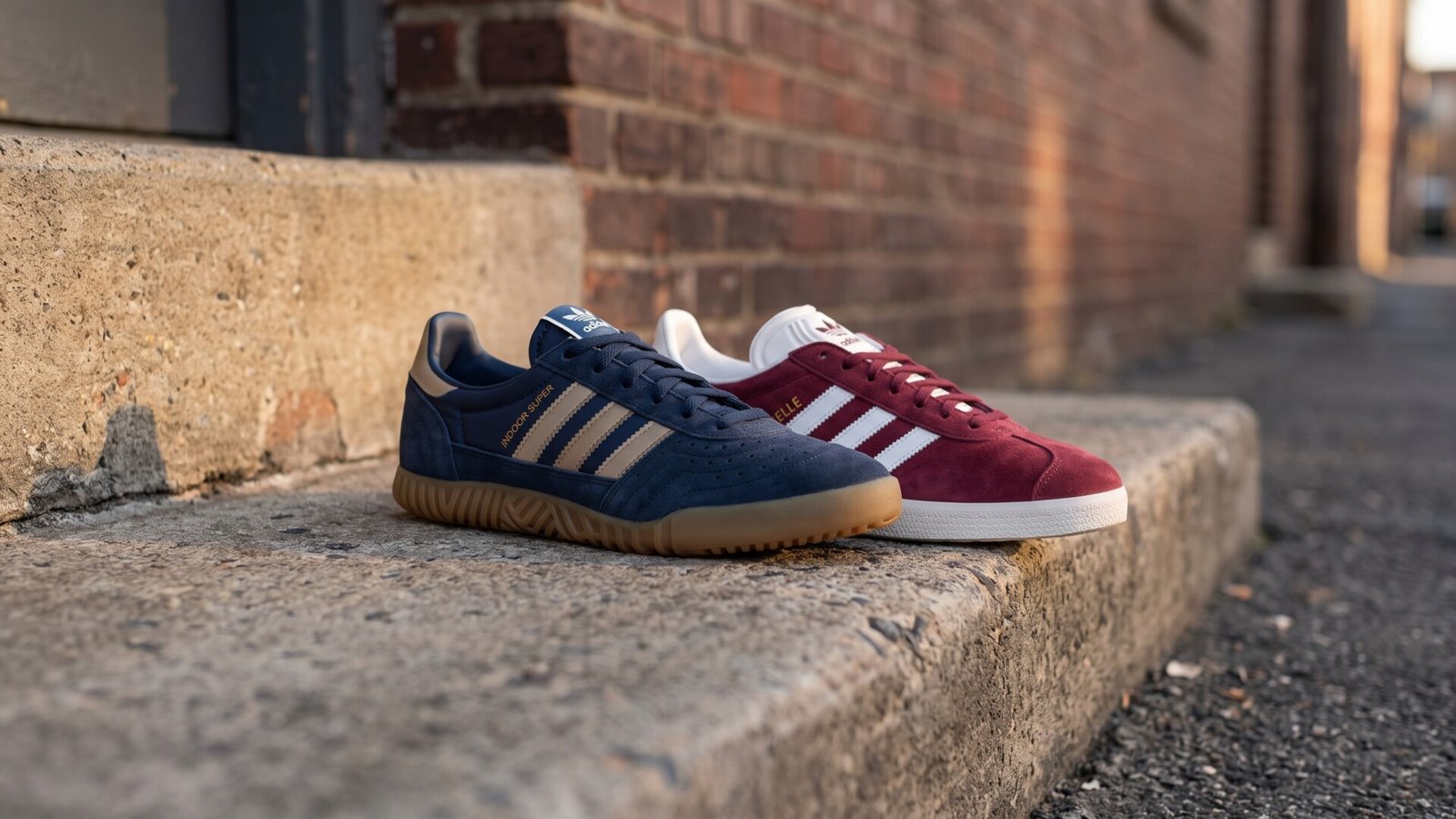 Adidas Indoor Super in navy blue suede next to a maroon Adidas Gazelle sneaker on a concrete curb