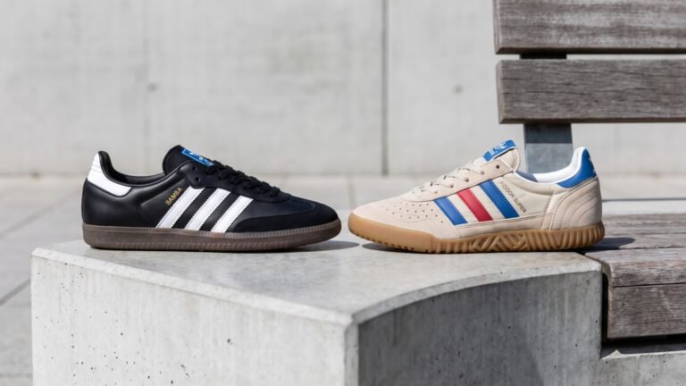 Black Adidas Samba sneaker next to a cream Adidas Indoor Super sneaker on a bench
