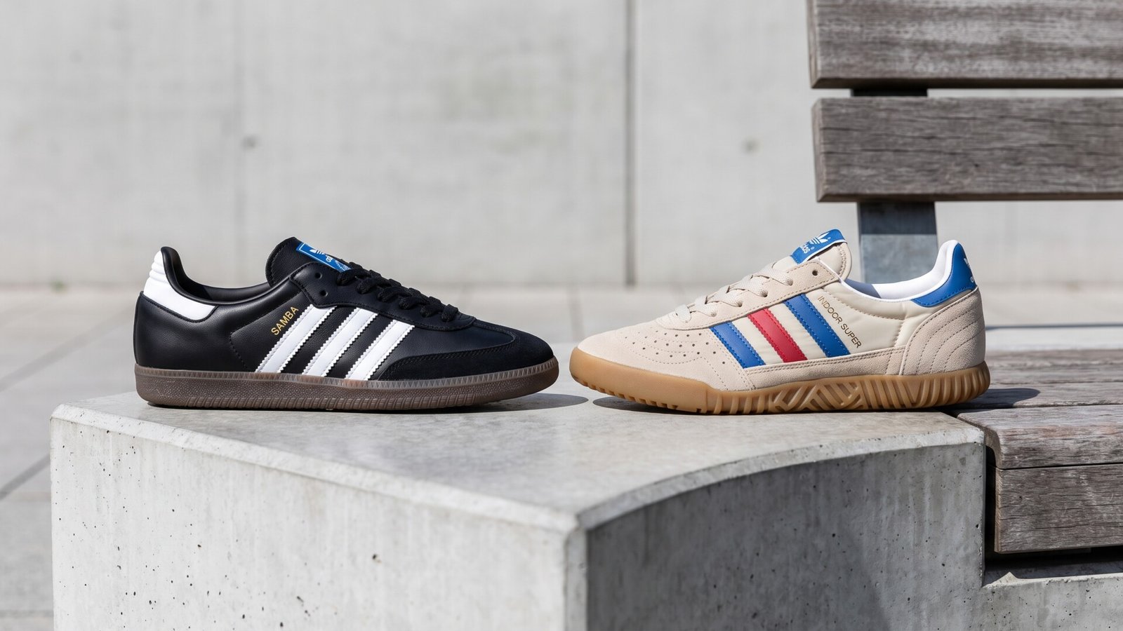 Black Adidas Samba sneaker next to a cream Adidas Indoor Super sneaker on a bench