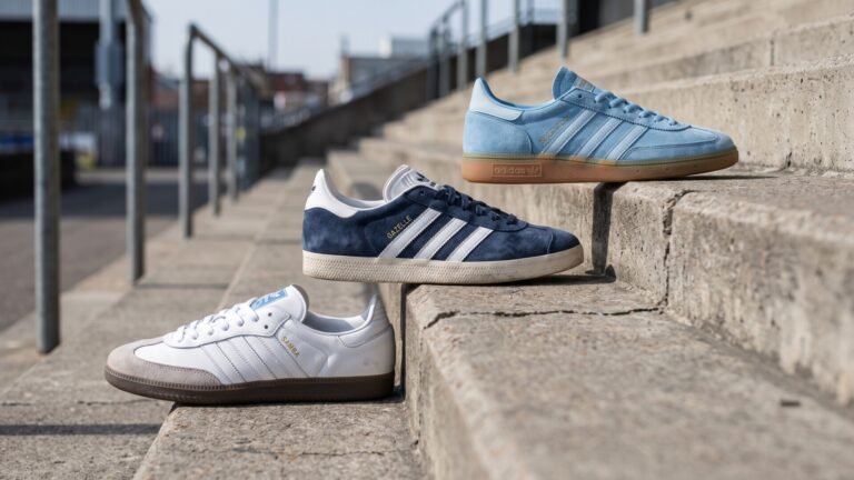 Adidas Samba, Gazelle, and Spezial sneakers displayed on outdoor concrete stadium steps