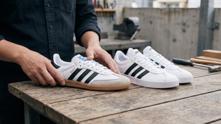 A person holding an Adidas Samba sneaker next to a budget white low-profile Adidas sneaker on a wooden table