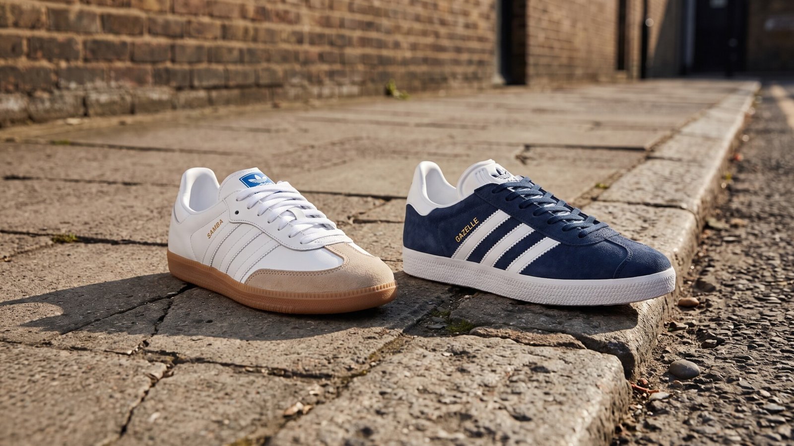 White Adidas Samba and navy blue Adidas Gazelle sneakers side by side on a stone pavement