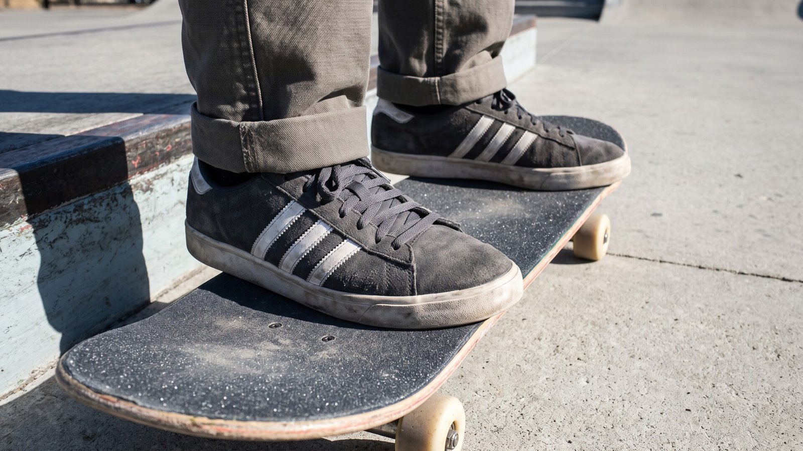 Skater wearing grey suede Adidas sneakers standing on a skateboard deck at an outdoor park
