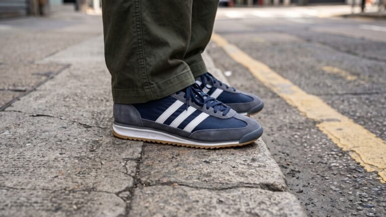 Navy blue and grey Adidas SL 72 RS sneakers styled with olive pants on a city curb