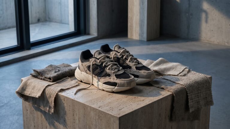 Adidas x Song for the Mute Supernova Rise sneakers displayed on a stone plinth with raw fabric swatches