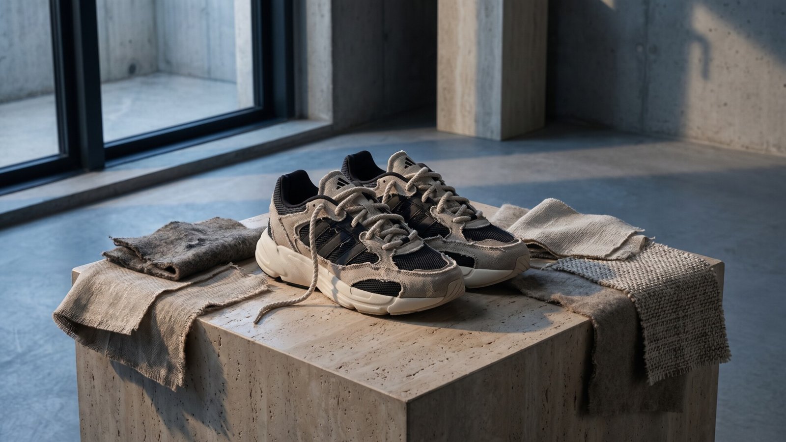 Adidas x Song for the Mute Supernova Rise sneakers displayed on a stone plinth with raw fabric swatches