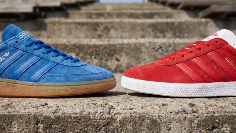 Blue Adidas Handball Spezial and red Adidas Gazelle sneakers side by side on concrete steps