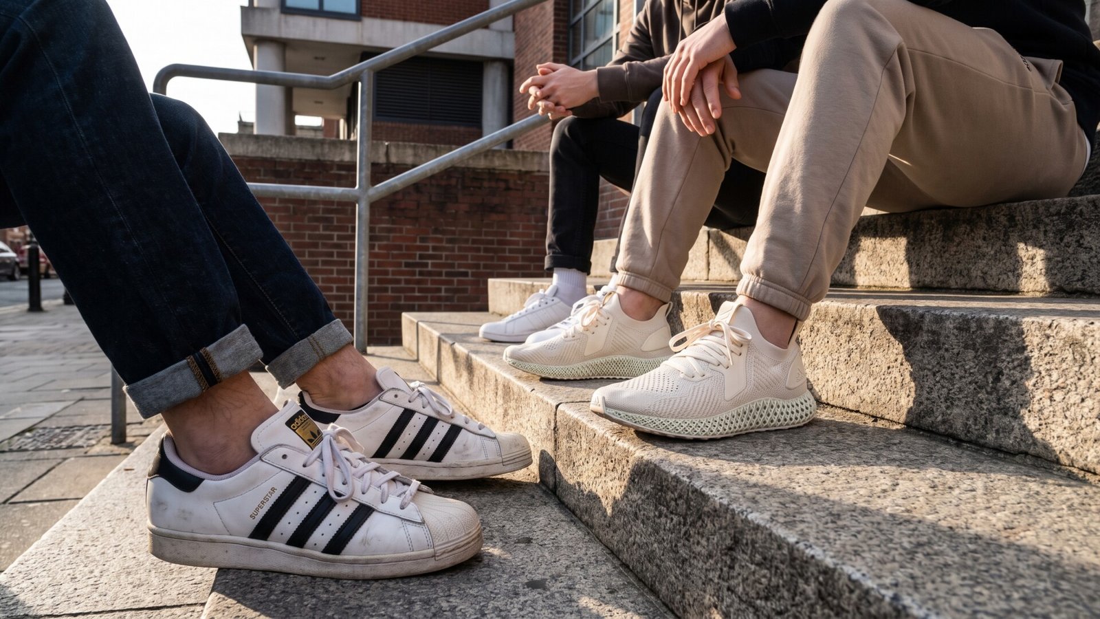 Classic Adidas Superstar and modern 4D lattice sneakers worn by people sitting on urban concrete steps
