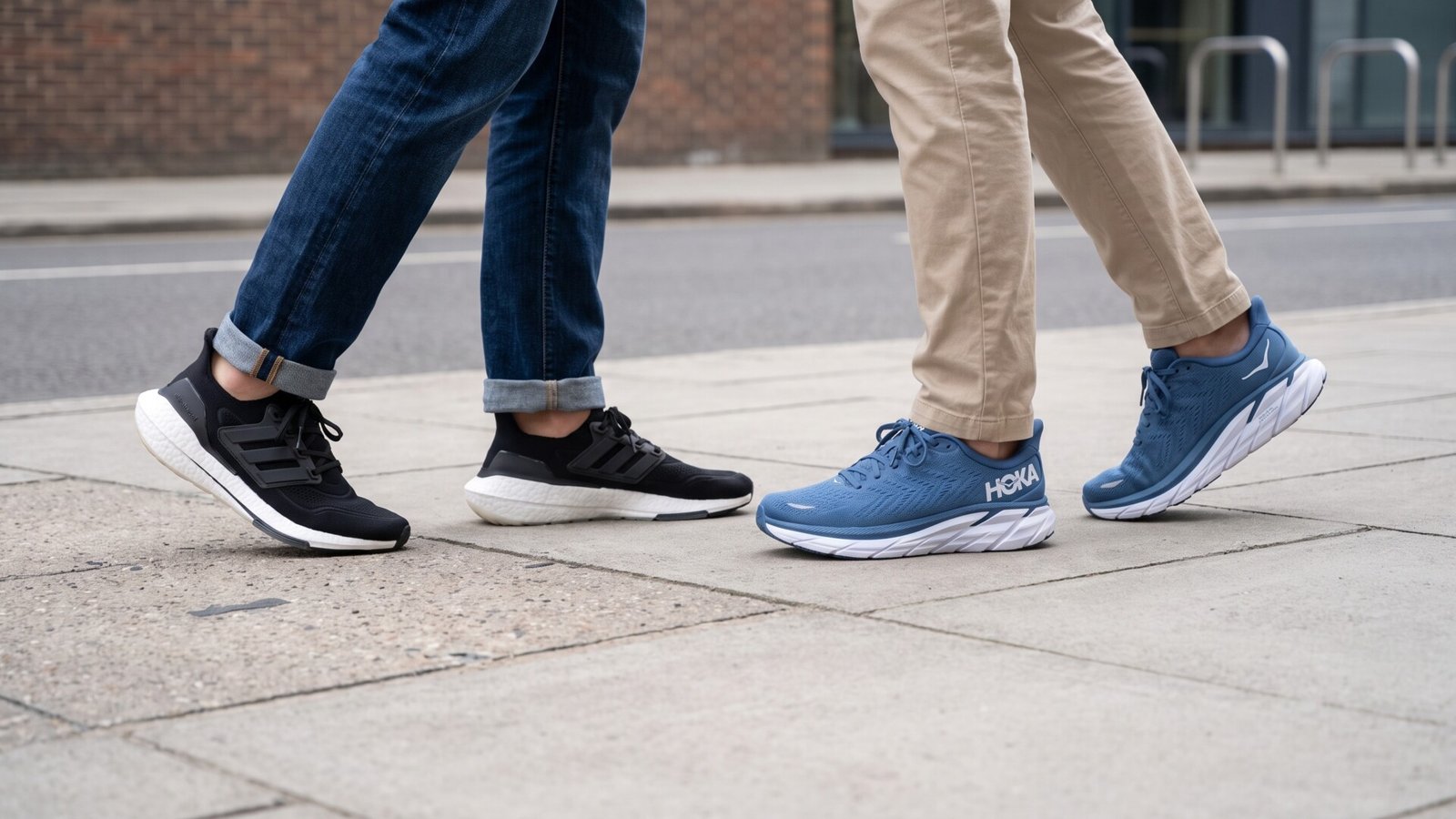 Two people wearing black Adidas Ultraboost and blue Hoka Clifton sneakers walking on a city sidewalk