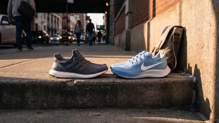 Grey Adidas Ultraboost and light blue Nike Pegasus sneakers placed side by side on an urban sidewalk step