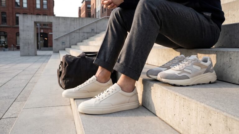 Man wearing sleek cream leather sneakers while sitting on outdoor concrete stairs beside chunky neutral trainers