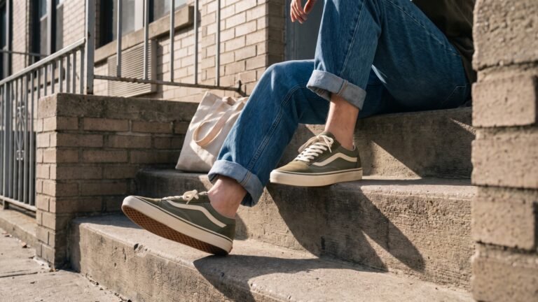 Person wearing olive green skate sneakers and cuffed denim jeans sitting on an urban concrete stoop
