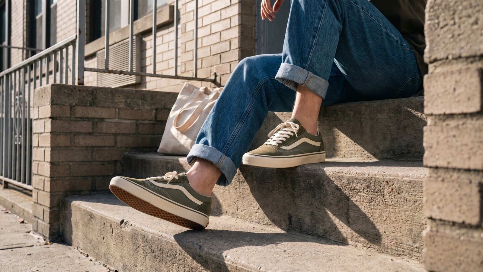 Person wearing olive green skate sneakers and cuffed denim jeans sitting on an urban concrete stoop