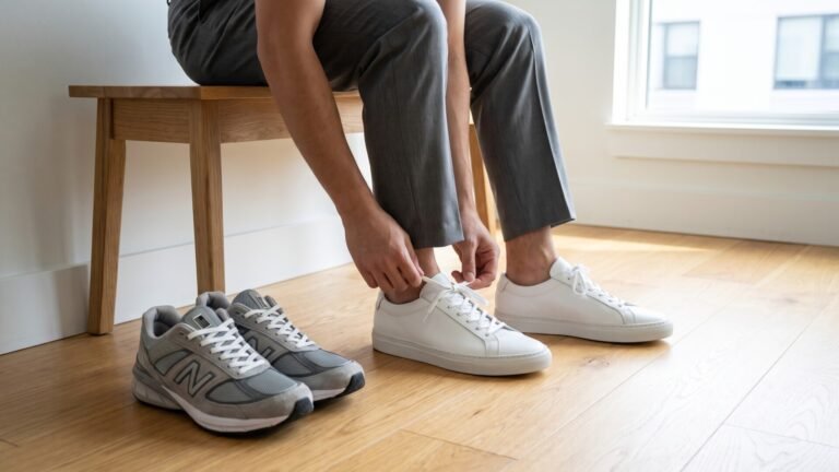 Person tying clean white leather minimalist sneakers paired with grey tailored trousers next to athletic shoes