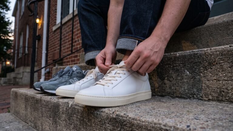 Person in cuffed jeans tying laces on white leather sneakers while sitting on outdoor concrete steps