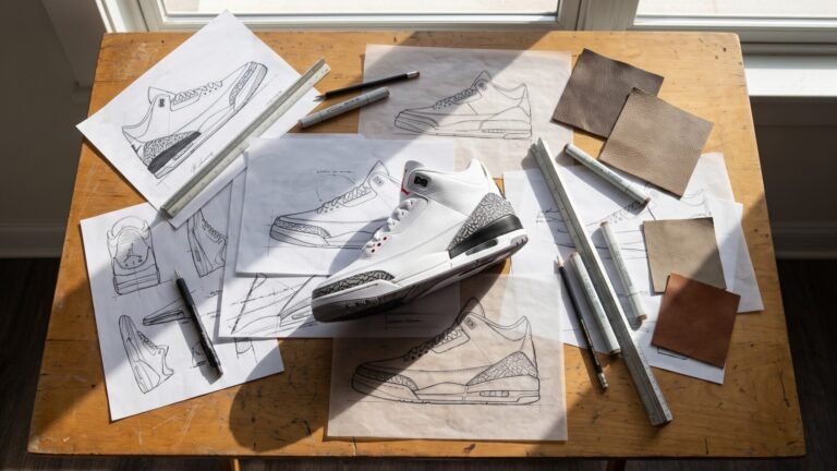Air Jordan 3 sneaker resting on technical design sketches, markers, and leather swatches on a wooden desk