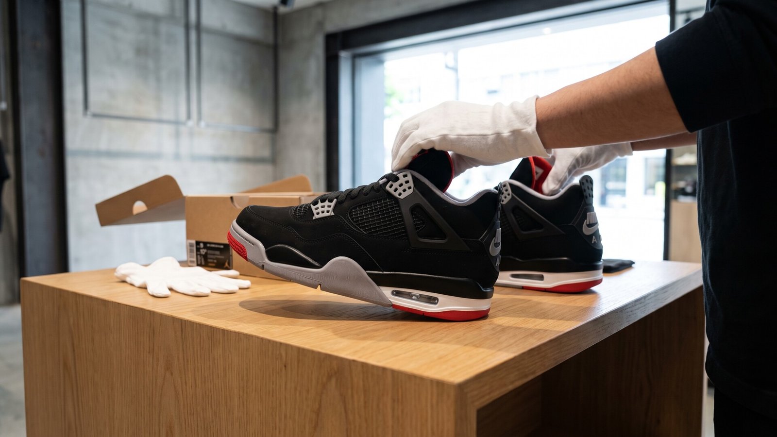 Gloved hands carefully handling a pair of Air Jordan 4 Bred sneakers on a wooden display counter