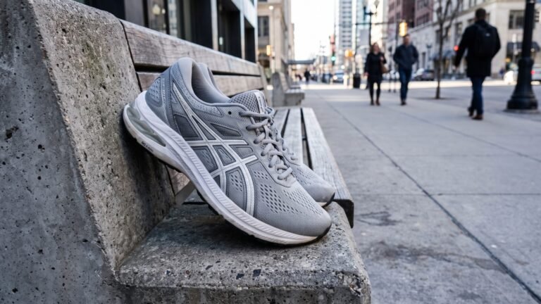 Grey ASICS Gel-Contend running shoes resting on a concrete city bench along an urban sidewalk