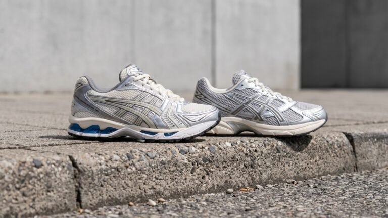 Asics Gel-Kayano 14 and Gel-1130 silver running sneakers side by side on a concrete curb