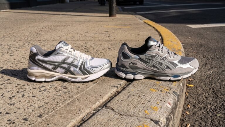 ASICS Gel-Kayano 14 and Gel-NYC sneakers positioned side by side along a concrete street curb