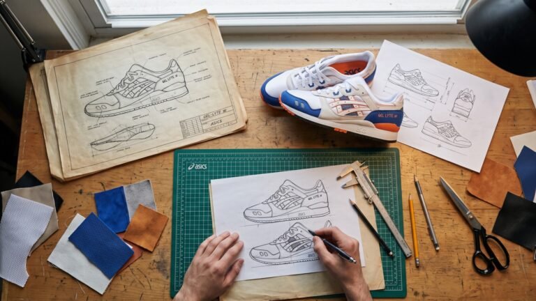 ASICS GEL-Lyte III sneakers and technical design sketches with fabric swatches on a drafting table
