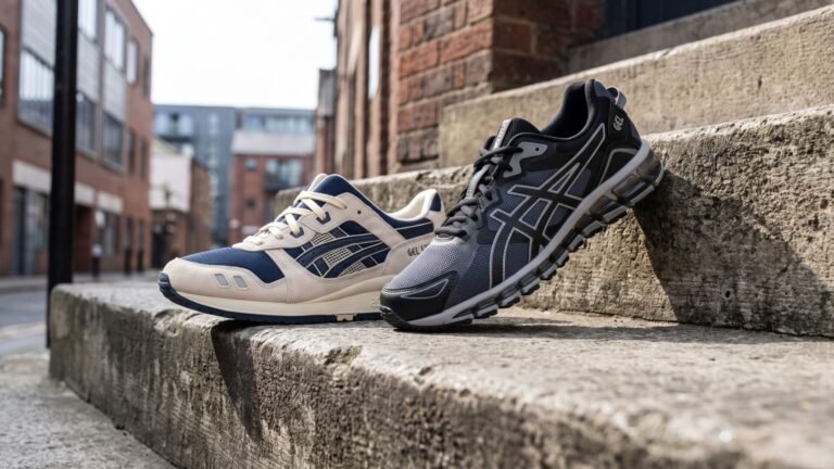 ASICS GEL-Lyte III and GEL-Quantum sneakers sitting side by side on outdoor stone steps