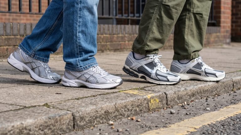 Side-by-side on-foot comparison of ASICS Gel-1130 and Nike Zoom Vomero 5 sneakers on a sidewalk kerb