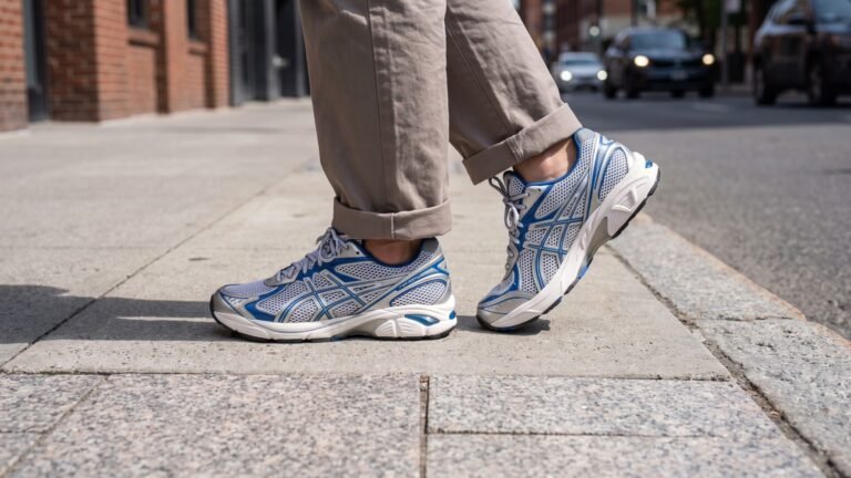 ASICS GT-2160 retro running sneakers in silver, blue, and white worn with cuffed khaki pants on an urban sidewalk