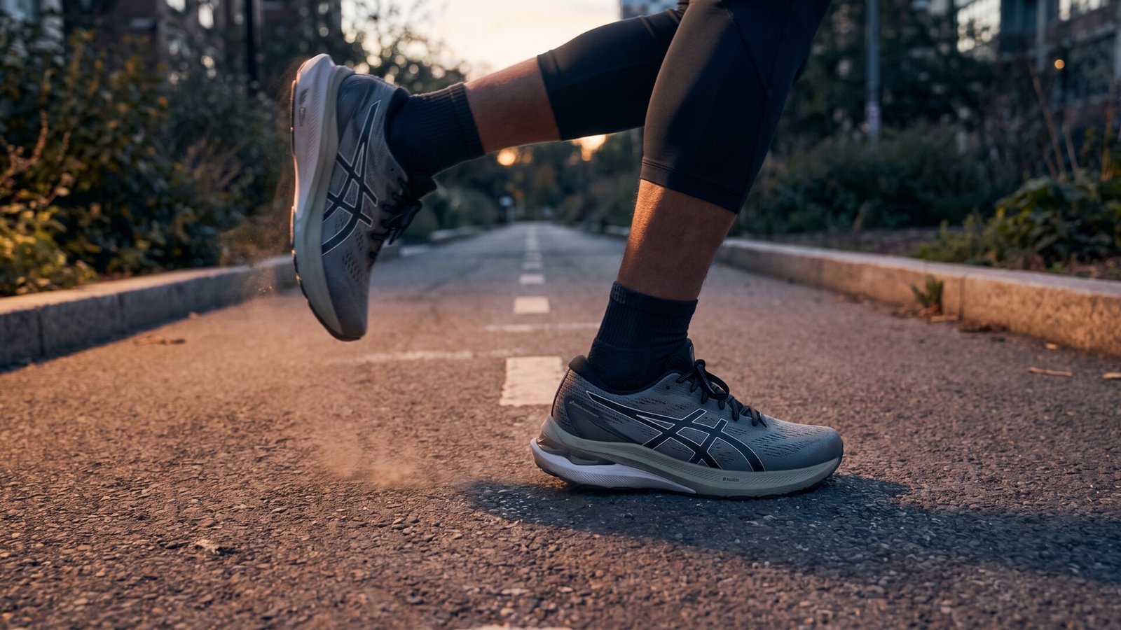 Runner in grey Asics sneakers mid-stride on an asphalt running path during golden hour
