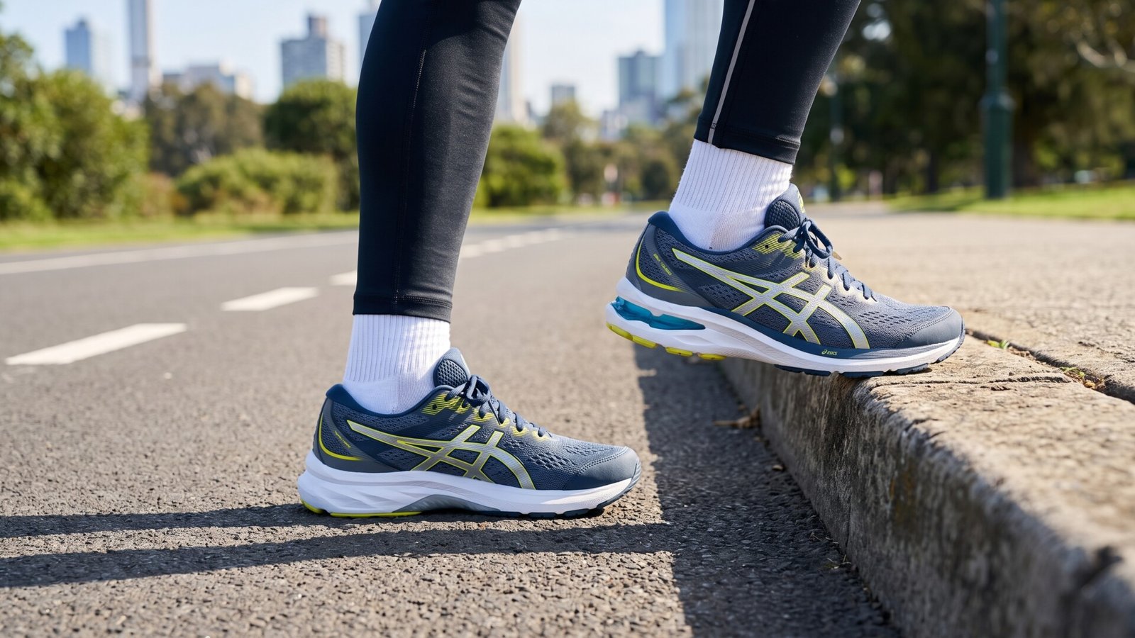 Close-up of a runner wearing blue ASICS performance running shoes stepping onto a curb along an urban park path