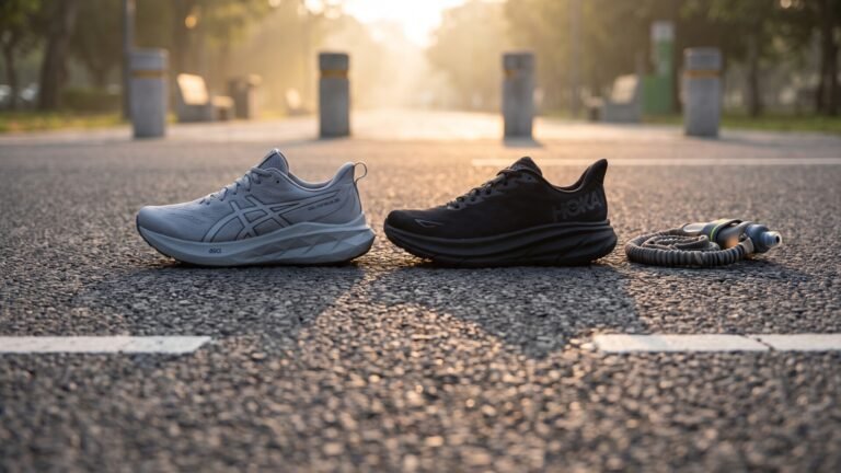 ASICS Gel-Nimbus and black HOKA Clifton road running shoes side by side on an asphalt road at sunrise