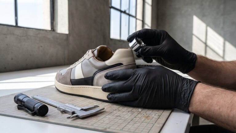 Gloved hands using a jeweler's loupe and caliper to inspect and authenticate a luxury leather sneaker
