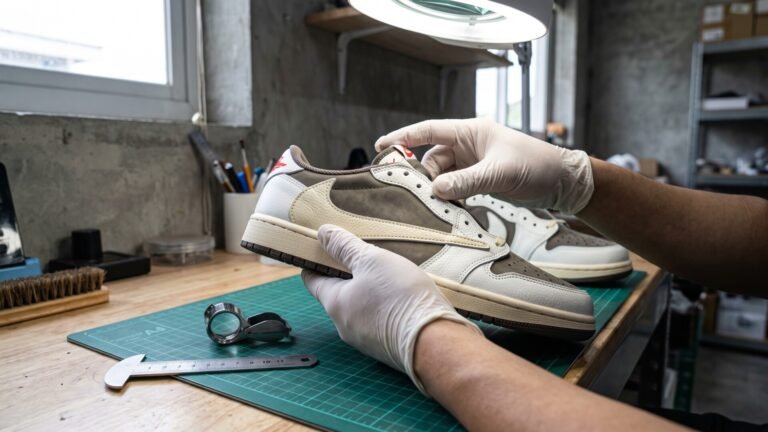 Gloved hands inspecting a Travis Scott Air Jordan 1 Low Reverse Mocha sneaker under a workbench lamp