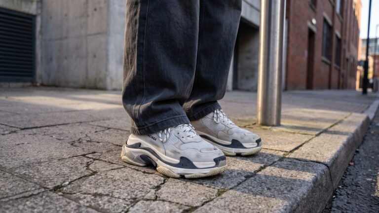 Balenciaga Triple S chunky sneakers styled with loose grey denim jeans on an urban sidewalk