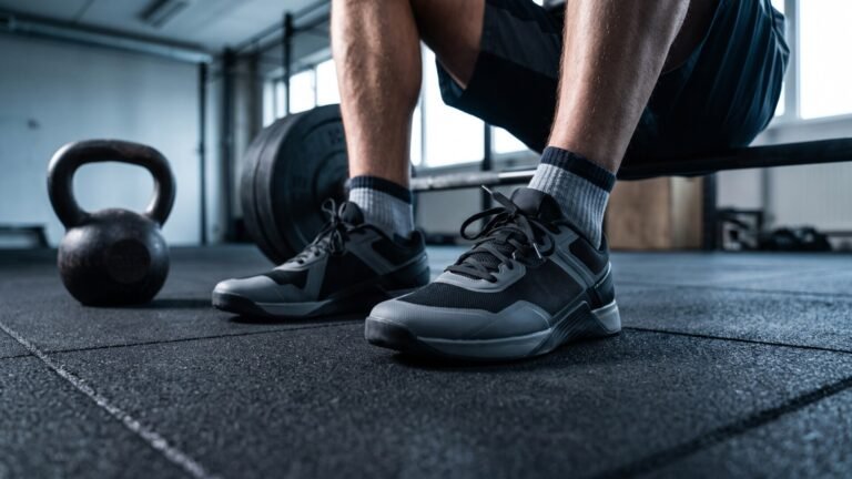 Athlete wearing black and grey cross-training sneakers on a rubber gym floor near a kettlebell and barbell