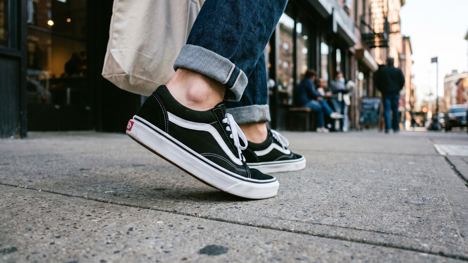 Person wearing classic black and white Vans Old Skool sneakers while walking on a city sidewalk