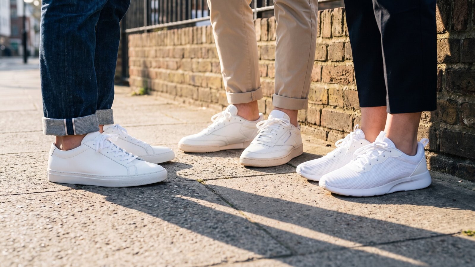 Three people standing on a sidewalk showing different casual, retro, and athletic white sneakers