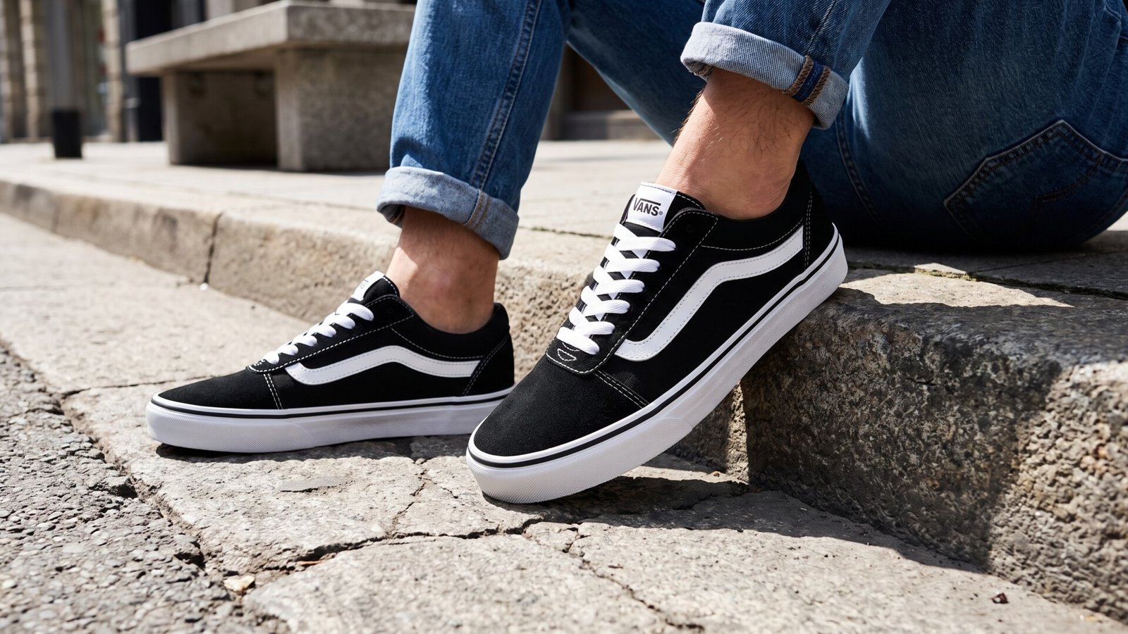 Person wearing black and white Vans Ward sneakers with cuffed denim jeans on stone street steps