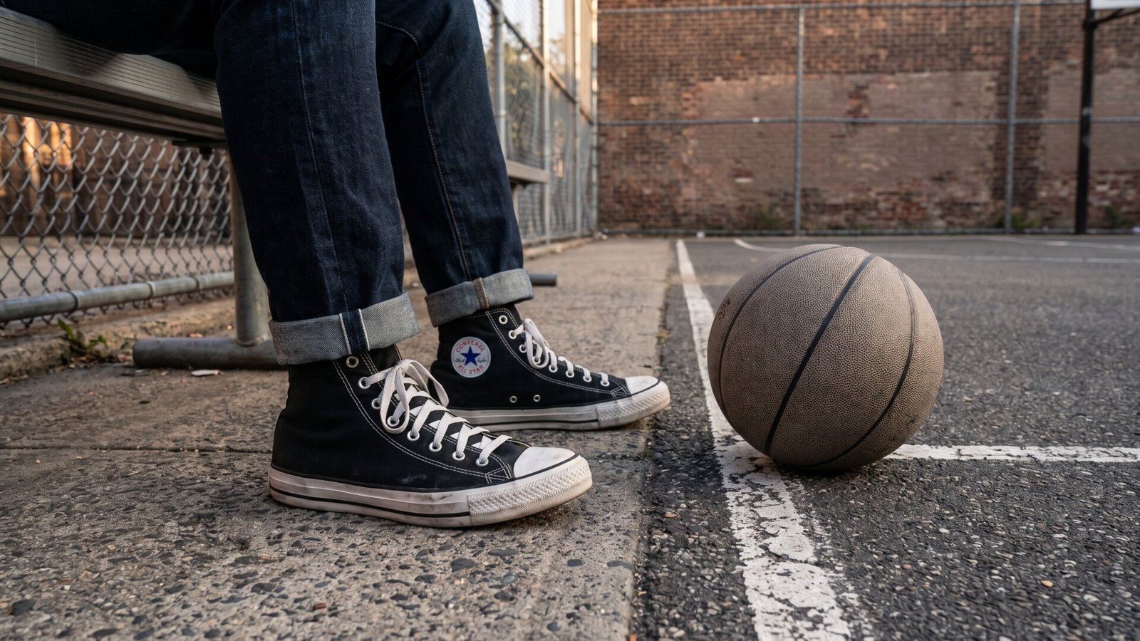 Classic black Converse Chuck Taylor high-tops worn by a person seated beside a basketball on an outdoor court