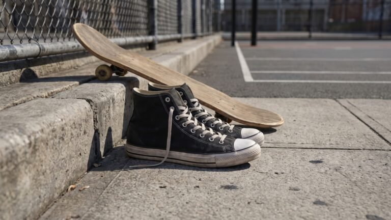 Black high-top canvas sneakers resting on a concrete sidewalk beside a wooden skateboard and chain-link fence