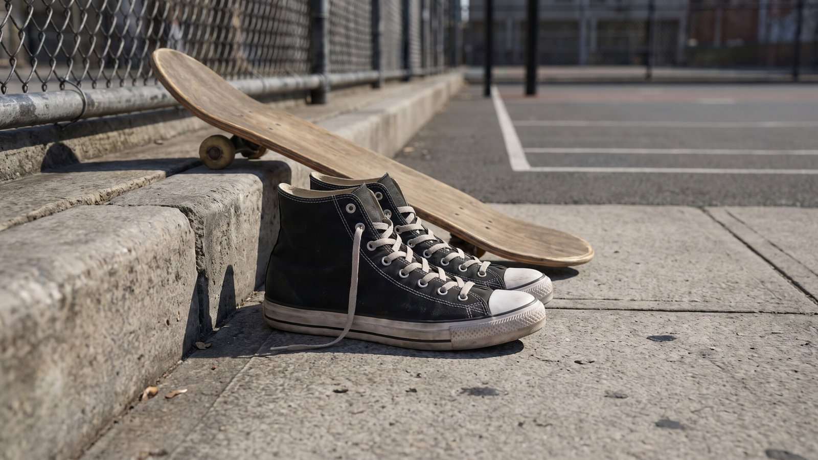 Black high-top canvas sneakers resting on a concrete sidewalk beside a wooden skateboard and chain-link fence
