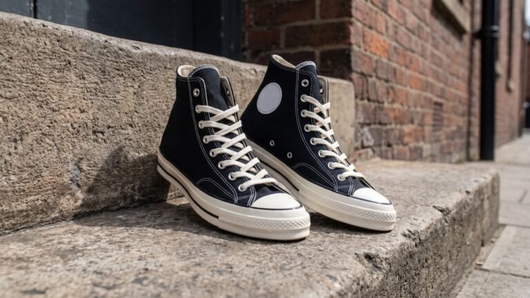 Pair of black high-top Converse Chuck Taylor sneakers sitting on an urban concrete stoop outside a brick building