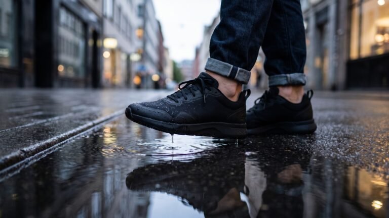 Sleek black waterproof sneaker stepping into a rain puddle on a wet city street with water beading on the shoe
