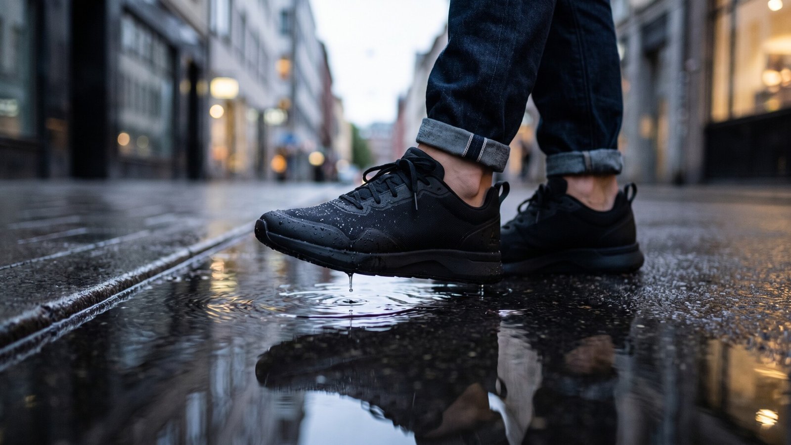 Sleek black waterproof sneaker stepping into a rain puddle on a wet city street with water beading on the shoe